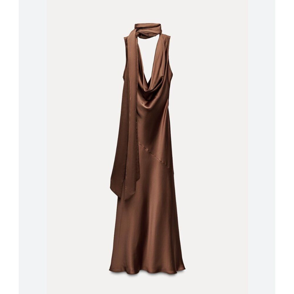 Zara Women Dress XS Maxi Brown Bow Satin Effect Sleevleess 8999/331 NWT - Picture 2 of 15